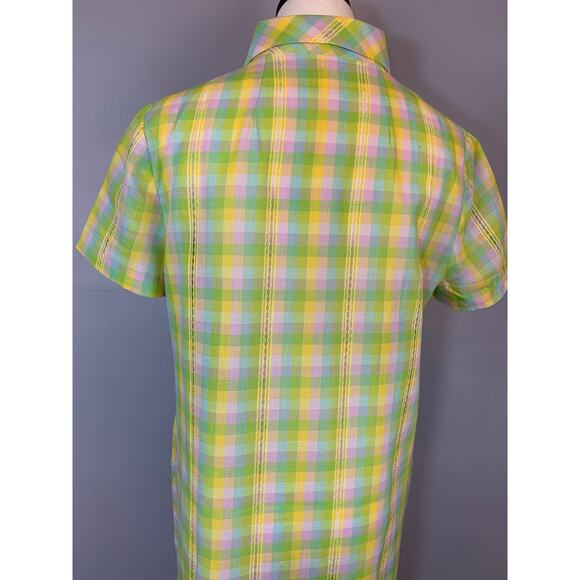 Vintage 1960s Neon Pastel Plaid Shirt Dress House Dress Dagger Collar Zip Front - Picture 9 of 9